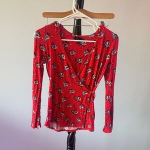 Topshop Red Floral Wrap Blouse